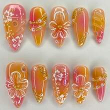 24Pcs Flower Press On Nails Medium Almond Fake Nails With 3D Floral Pearl Charms Design Orange Red Gradient Full Cover False Nails Cute Spring Summer Glue On Nails Stick On Nails For Women - Nhiều màu - Xem 1