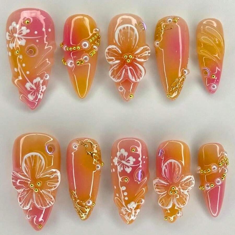 24Pcs Flower Press On Nails Medium Almond Fake Nails With 3D Floral Pearl Charms Design Orange Red Gradient Full Cover False Nails Cute Spring Summer Glue On Nails Stick On Nails For Women - Nhiều màu - Xem 1