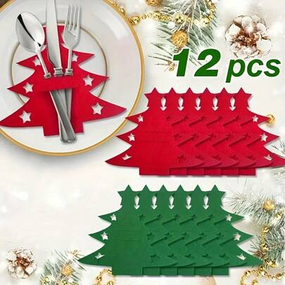 12 piezas (6 piezas verdes + 6 piezas rojas) Portacubiertos con forma de árbol de Navidad de fieltro - Decoración de mesa navideña roja y verde con acentos de estrellas, organizadores de cubiertos de fieltro duraderos para fiestas de Navidad, cenas familiares y accesorios festivos para la mesa, decoraciones de mesa navideñas, vajilla para fiestas, diseño con temática navideña