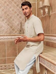 Mens Kurta Cotton Linen Henley Shirts Kaftan Short Sleeve Lounge Plain Gown Shirt-20256688 - 米色 - 查看 5