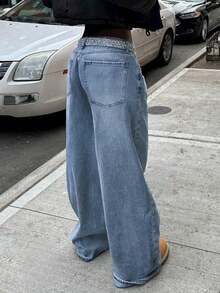 Women's High Waist Casual Y2k Streetwear Baggy Distressed Vintage Washed Wide Leg Jeans - Rửa trung bình - Xem 3