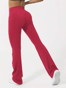 Sodalemon 女士V型提拉瑜伽健身喇叭裤，交叉腰带，运动跑步紧身阔腿裤 - 紅色 - 查看 7