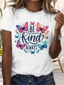 Butterflies Be Kind Text Print Womens Cotton Soft Comfortable Breathable T Shirt Summer 220g - White - View 1