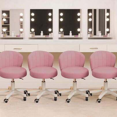 Small Desk Chair Round Rolling Chair With Back PU Leather Height Adjustable Swivel Vanity Work Computer Stool Chair For Home Office Bedroom(Set Of 4)