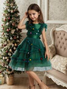 年轻女孩经典圣诞绿色短款盖袖彩色 3D 球装饰公主裙，带可拆卸大蝴蝶结和网眼撞色，派对/晚礼服 - 綠色 - 查看 4