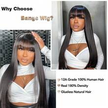 Straight Wigs Human Hair With Bangs 180% Density Brazilian Virgin Human Hair Wigs For Women Glueless Wigs Human Hair Machine Made None Lace Front Wigs Natural Color (8-36inch), 3S Put On & Go Affordable Human Hair Wig, Quick Install - Natural Black - Xem 5