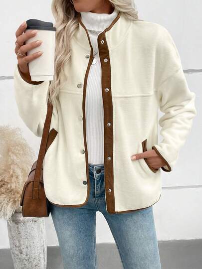 Chaqueta casual de mujer con cuello alto y bloqueo de color para otoño e invierno, de moda y casual