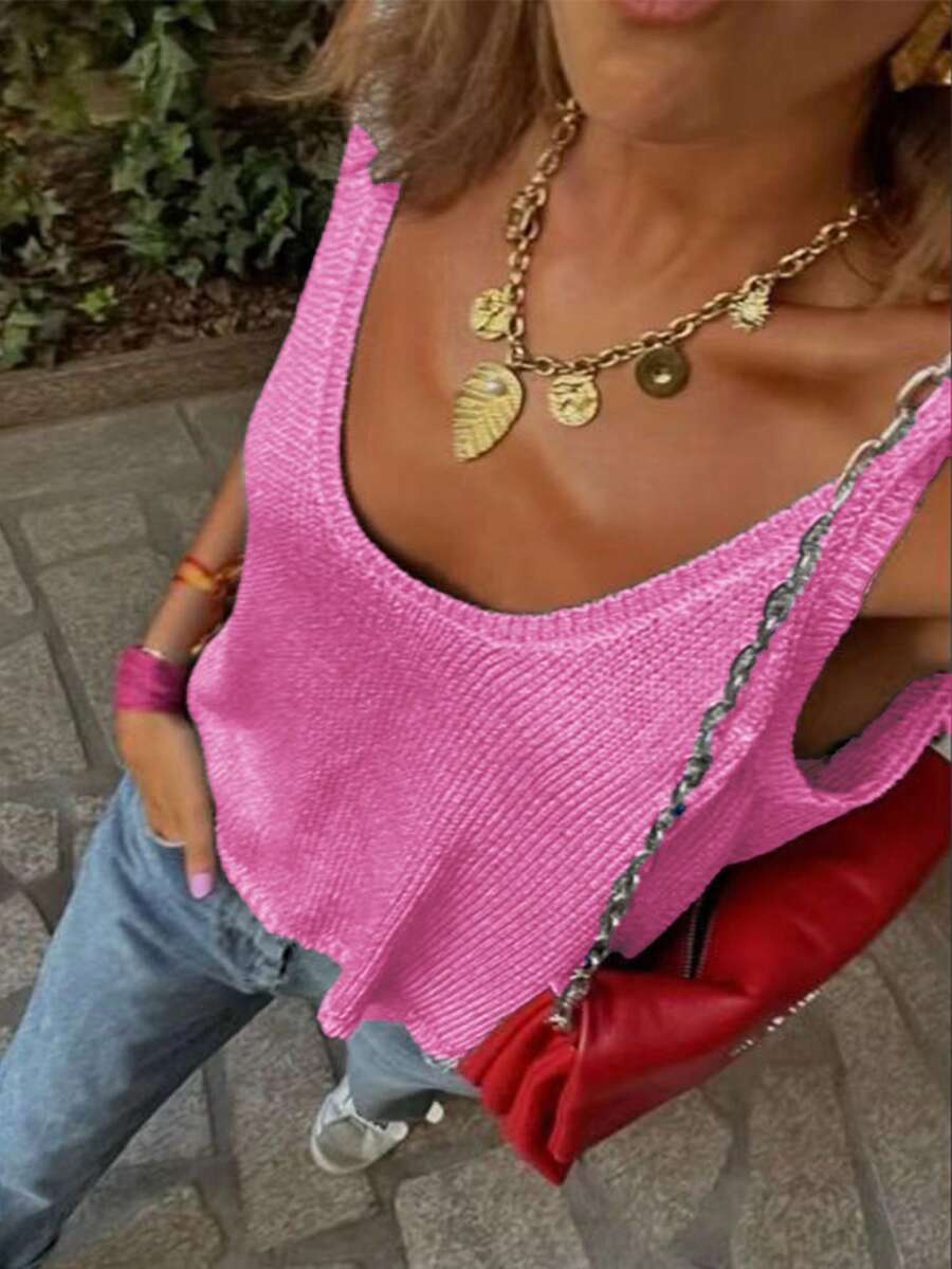 Áo tank top dệt kim không tay cổ tròn dễ thương, bóng bẩy dành cho nữ, màu trơn, phong cách đường phố, thích hợp cho kỳ nghỉ hè, Giáng sinh, Ngày lễ tình nhân, Năm mới, màu hồng/đỏ hồng. - Màu Hồng Tươi - Xem 1