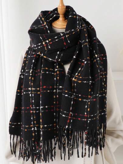 1pc Women's Elegant Vintage Multi-Color Plaid & Striped Faux Cashmere Scarf/Shawl With Tassels, Warm & Casual Solid Color Thick Neck Wrap, Suitable For Dresses In Autumn/Winter
