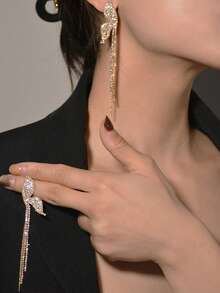 1 Pair Rhinestone Embellished Purple Butterfly Tassel Earrings, Sweet Boho Style, Versatile Design For Women