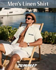 Men's Big And Tall Linen Shirts, Button Down Short Sleeve Summer Shirt Casual Cotton Beach Vacation Tops With Pockethalloween - 黑色 - 查看 5