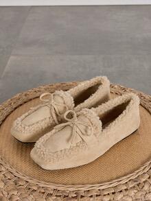 女士时尚复古绒面绒面毛绒保暖一脚蹬乐福鞋，杏仁头，百搭，保暖，蝴蝶结软底，2025秋冬新款 - 杏色 - 查看 3