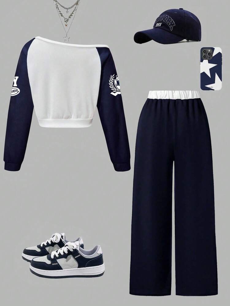 Conjunto de sudadera con hombros descubiertos y pantalón de chándal con estampado numérico y color contrastante para niña preadolescente - Blanco - Añade 2