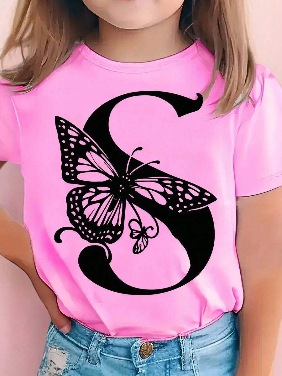 Adorable Pink Monogram Alphabet Girls' T-Shirt With Easter Bunny & Cool Egg Design - Soft Cotton, Short Sleeve, Round Neck - Perfect For Birthday & Party Outfits, Casual Youngsters Wear| Short Sleeve Top| Comfortable Fit, Tween Girl Clothes - 粉色 - 查看 1