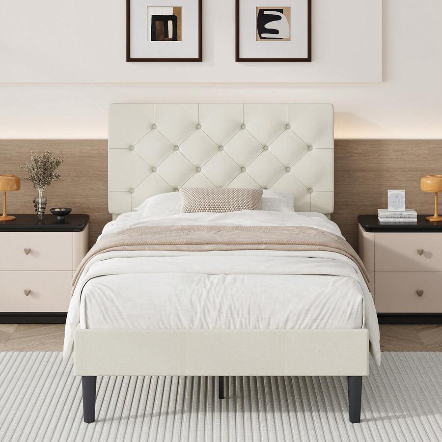 Upholstered Bed Frame With Headboard, Linen Fabric Bed Frame With Button Tufted Headboard, No Box Spring Needed, Easy Assembly, Twin/ Full/ Queen/ King, Beige/ Pink/ Dark Grey/ Grey/ Blue/ Cream/ Black - 奶油 - 查看 1