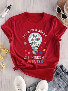[Camiseta de Concientización] Camiseta con Estampado Gráfico de Concientización sobre el Autismo| Camiseta Casual de Cuello Redondo Suave y Elástica para Mujeres, Lavable a Máquina, Top de Primavera Verano, Diseño de Bombilla y Flores "El Mundo Necesita Todo Tipo de Mentes", Camiseta de Colores Juguetones, Camiseta de Ajuste Cómodo - Negro - Ver 11