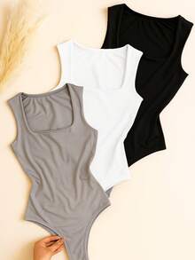 Kit 3 Body Bori Bory Feminine Tank Top Thick Strap Closed Back Square Neckline Suplex Chic Elegant Versatile - Đen/Trắng/Đen - Xem 2