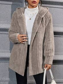 女式秋季法兰绒卡其色印花羊羔绒领前扣连帽休闲常规夹克，女式冬季休闲落肩连帽宽松卡其色纯色外套，冬季保暖/冬季服装，长袖上衣 - 卡其色 - 查看 6