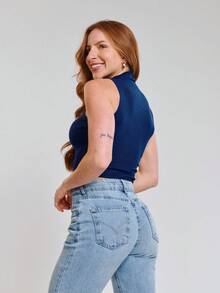 Kit With 3 Cropped High Neck Ribbed Women's Blogger Blouses - xanh lá cây/nude/xanh nước biển - Xem 2