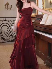 优雅复古酒红色正式派对礼服，适合母亲节婚礼 - 酒紅色 - 查看 7