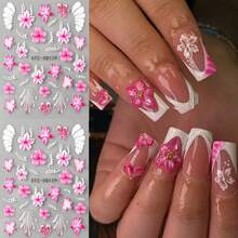 2 Sheets 5D Floral Nail Art Stickers - Pink & White Hibiscus & Butterfly Designs, Self-Adhesive Shimmering Embossed Decals For Summer Nail Art, Luxurious Manicure Decor For Women & Men, Nail Accessories, Elegant Nail Design, Highquality Prints - Hồng + trắng - Xem 6