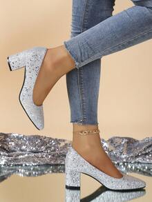 Tacones altos de tacón grueso con lentejuelas de unicolor elegante para mujer, nuevos para el otoño de 2025. Zapatos de tacón con puntera puntiaguda y brillantes rhinestones para mujer. Tacones altos de moda para fiestas, banquetes, bailes, versátiles para primavera, verano y otoño.