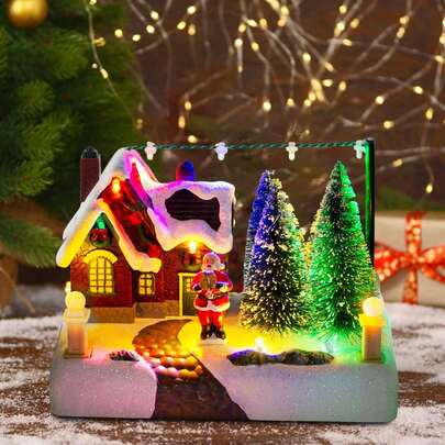 1 pieza Escena decorativa de pueblo navideño coleccionable, casa navideña con luces, árboles y Papá Noel, decoración de paisaje de pueblo nevado para interiores, adornos y suministros para fiestas navideñas