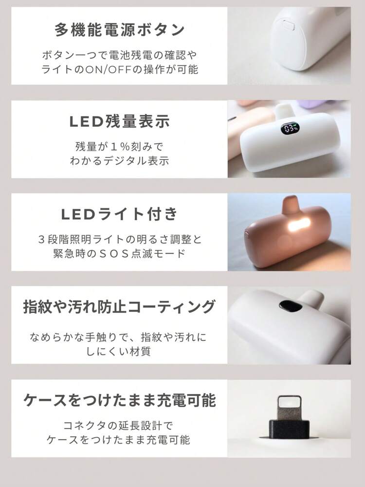 モバイルバッテリー 6000mAh照明ライト付き 小型 軽量 大容量 デジタル残量表示 iphone15対応 持ち運び便利 Lightning Android対応 急速充電 充電器 - ピンク - 見る 3