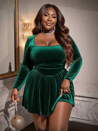 Plus Size Women's Solid Color Square Neck Long Sleeve Ruffle Hem Elegant Dress