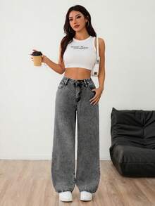 Light Grey Washed Wide Leg Jeans - Grey - View 8