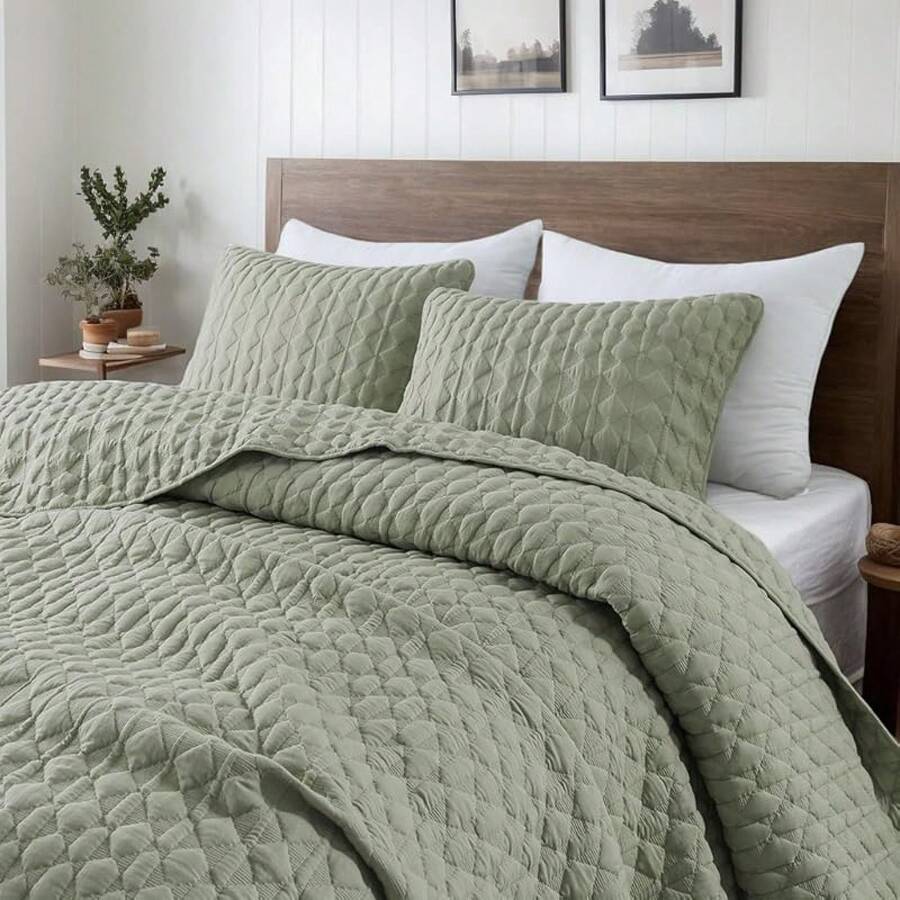 Blue Quilt King Size Bedding Sets With 2 Pillow Shams, Lightweight Soft Bedspread Coverlet, Quilted Blanket Thin Comforter Bed Cover All Season, 3 Pieces, 104x90 Inches, All - Season Bedding - 綠色(黃綠色調) - 查看 1