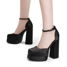 Women High Chunky Platform Closed Toe Block Heels Square Toe Ankle Strap Dress Wedding Party Prom Pumps Shoes Halloween Christmas Fall - Black-satin - View 8