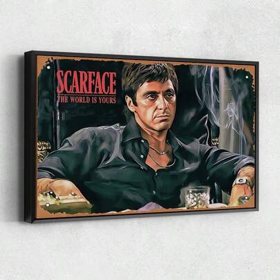 1 pieza 16x12 pulgadas "El mundo es tuyo" Póster de película vintage, arte de pared de lienzo sin marco con título en rojo audaz y escena de marco dorado icónica, decoración de pared de película clásica para decoración de sala de estar, arte de pared de dormitorio, decoración del hogar y la oficina, carteles de hotel y cine, decoración de habitación, decoración del hogar retro, regalo para amantes del cine