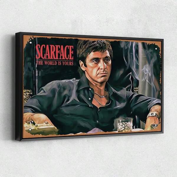 1 pieza 16x12 pulgadas "El mundo es tuyo" Póster de película vintage, arte de pared de lienzo sin marco con título en rojo audaz y escena de marco dorado icónica, decoración de pared de película clásica para decoración de sala de estar, arte de pared de dormitorio, decoración del hogar y la oficina, carteles de hotel y cine, decoración de habitación, decoración del hogar retro, regalo para amantes del cine