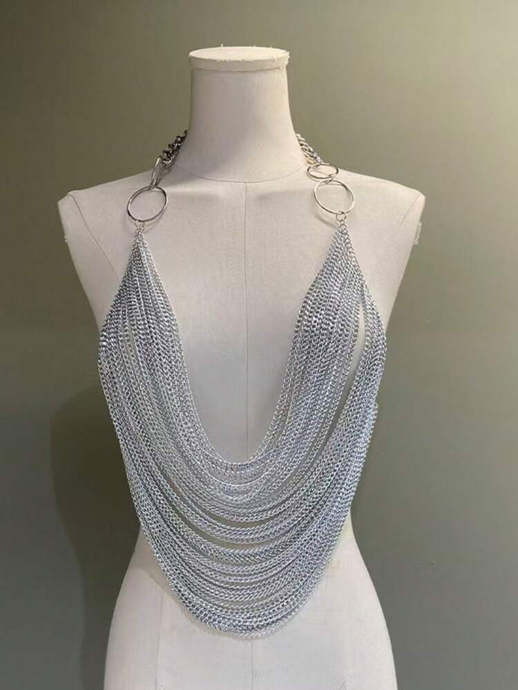 1pc Unisex Punk Tassel Chain Body Chain, Sexy Suitable For Parties, Christmas, Music Festivals, Runway Shows - Silver - View 2