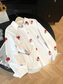 印花长袖纽扣衬衫，优雅大方，适合海滩、度假、通勤等场合，宽松版型，春夏女款 - 白色 - 查看 5