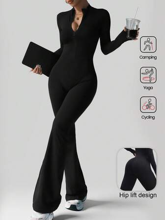 Aaseow Women Jumpsuits Long Sleeve Yoga Slim Fit Stretch One Piece Jumpsuit Fitness Female Black Basic Sportwears Tight Zipper