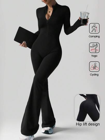 Aaseow Women Jumpsuits Long Sleeve Yoga Slim Fit Stretch One Piece Jumpsuit Fitness Female Black Basic Sportwears Tight Zipper
