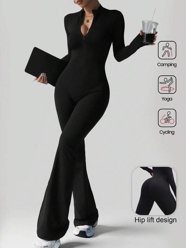 Aaseow Women Jumpsuits Long Sleeve Yoga Slim Fit Stretch One Piece Jumpsuit Fitness Female Black Basic Sportwears Tight Zipper