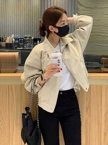 时尚纯色短款夹克女，简约格子休闲百搭飞行员夹克春秋新款上衣 - 杏色 - 查看 5