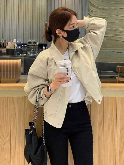 时尚纯色短款夹克女，简约格子休闲百搭飞行员夹克春秋新款上衣