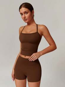 Women's Yoga Outfits Backless Strappy Sports Bra And High Waisted-Lifting Shorts Matching Workout Set - Hồng 1 - Xem 7