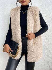 女式秋季斜口袋前开无袖背心夹克外套，秋冬服装 - 杏色 - 查看 4