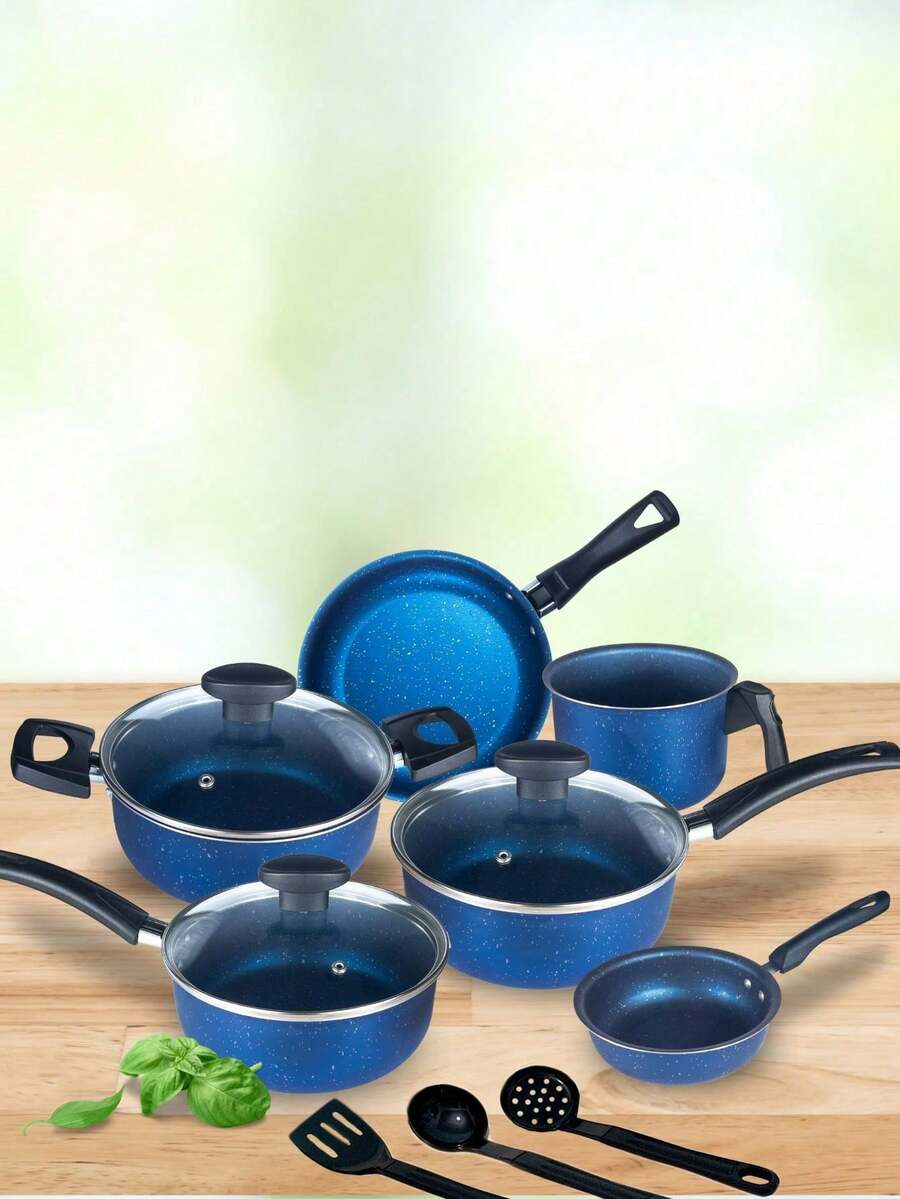 Cookware Set Casserole Set 9 Pieces Kit Nonstick Glass Lid Elegance With Cutlery - 太空藍 - 查看 1