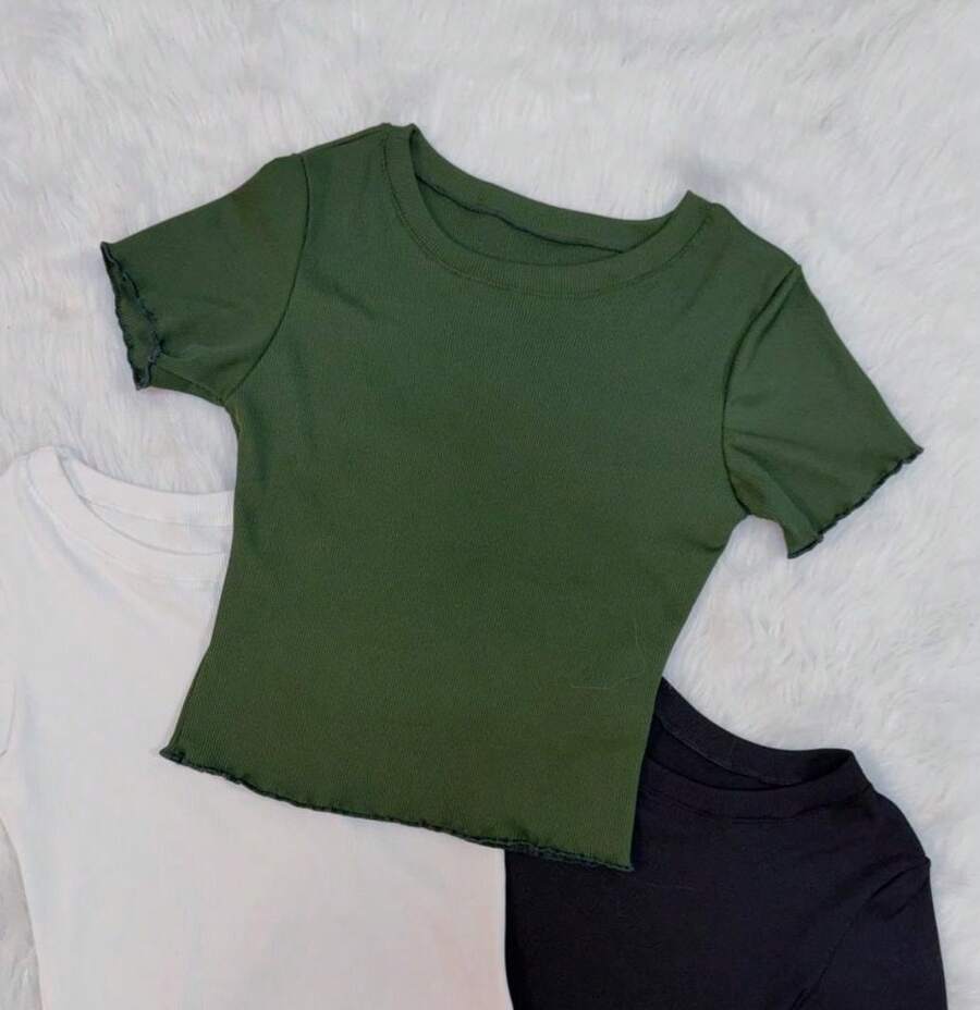 Solid Ruched Ribbed T-Shirt - أخضر عسكري - مشاهدة 1