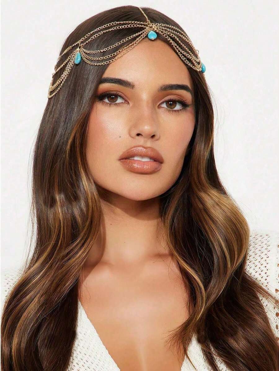 1件极简复古波西米亚风仿绿松石流苏发箍，时尚金链发饰，适合女性日常及节日佩戴，头饰，头部饰品，发饰，发藤链，女士饰品，金色头饰，婚礼，发饰，准新娘 - 彩色 - 查看 1