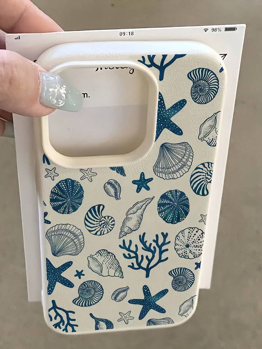 1 件白色和蓝色贝壳图案全覆盖 TPU 防震手机壳，兼容 16、15、14、13、12、11 Pro Max 及系列