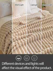 1pc Extra Large Striped Blanket, Wide Stripe Hollow Faux Fur, Milky White Fleece, Flannel Material, Casual Nap Blanket, Office Nap Blanket, Lightweight & Breathable, Soft As Cloud - Khaki - View 8