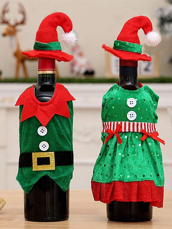 1 Set de Suministros de Decoración Navideña, Disfraz de Elfo para Botella de Vino + Sombrero, Traje de Botella de Vino Tinto de Dibujos Animados, Decoración de Mesa para Fiesta Navideña, Cubierta Creativa de Botella de Vino Tinto Navideña