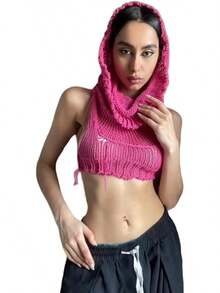 Women Knitted Hoodie Sweater Vest Sleeveless Hollow Out Hooded Crop Top Streetwear Rave Oufit - 玫紅色 - 查看 2